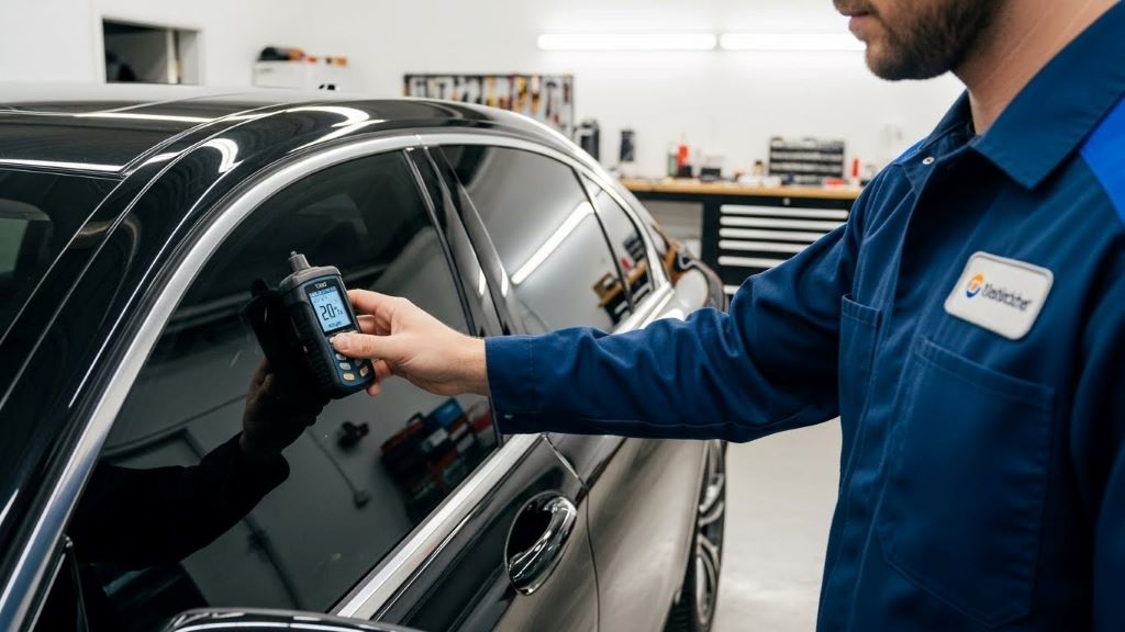 Professional technician measuring window tint darkness with VLT meter on imported vehicle