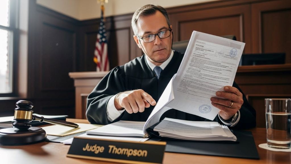 Judge reviewing child custody jurisdiction documents in family court