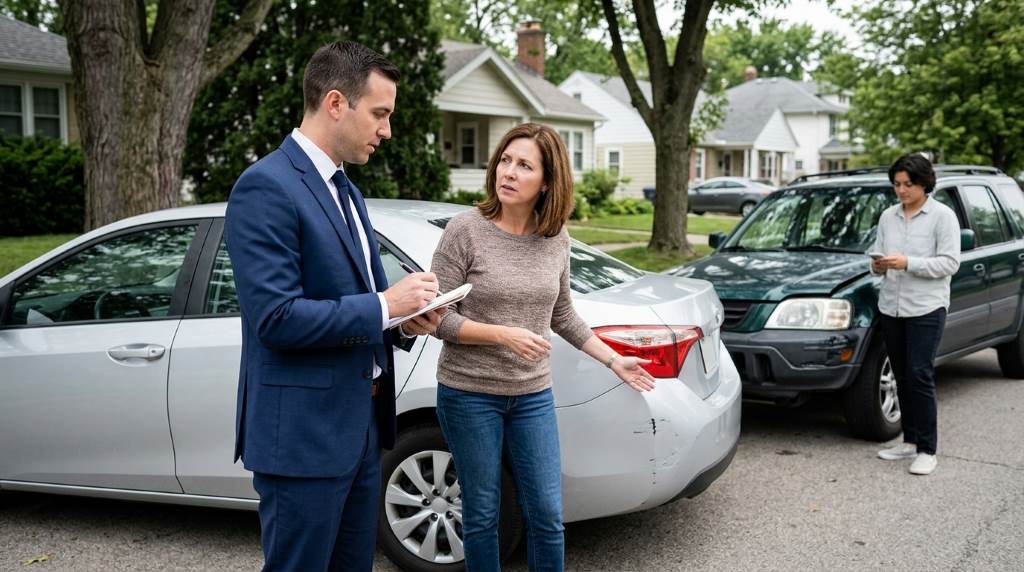 Damaged car after a no-injury accident with a lawyer inspecting it