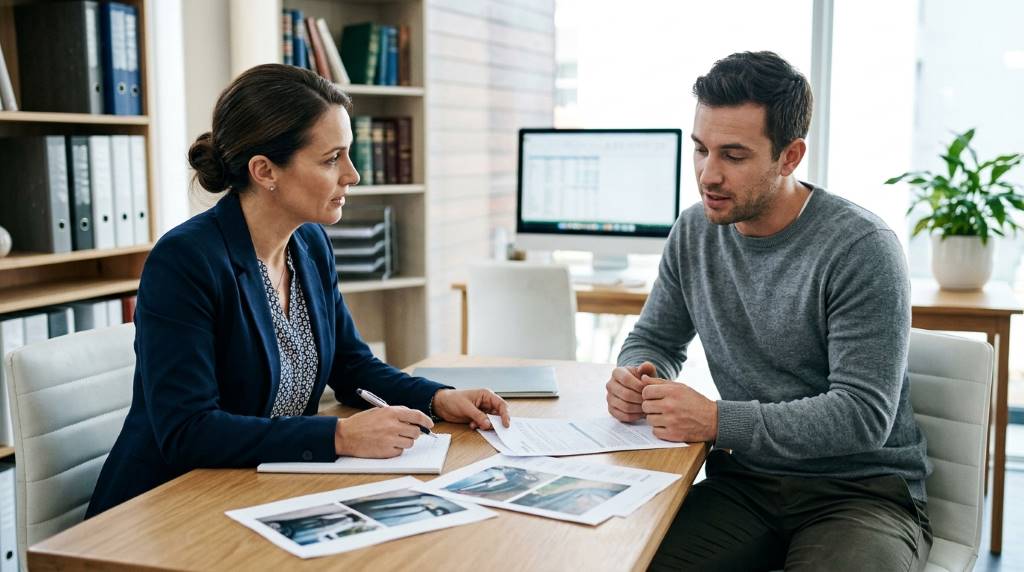 Lawyer reviewing car accident paperwork with a client