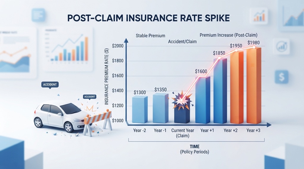 Chart showing car collision icon next to rising auto insurance rate spike graphic.