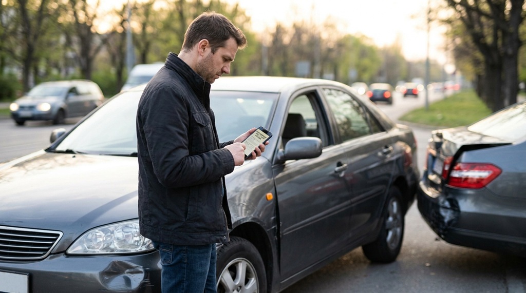 Man looking at an insurance policy app next to a damaged car.
