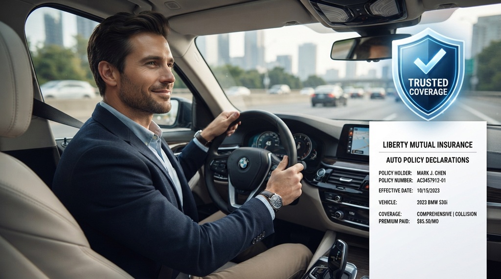 Male driver sitting in sedan beside car insurance policy documents.