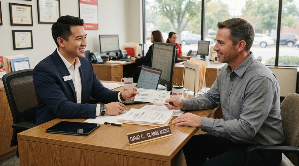 Man receives total loss insurance payout check from agent after desk meeting.