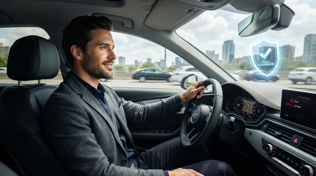 Man sitting safely in car with protective insurance shield overlay.