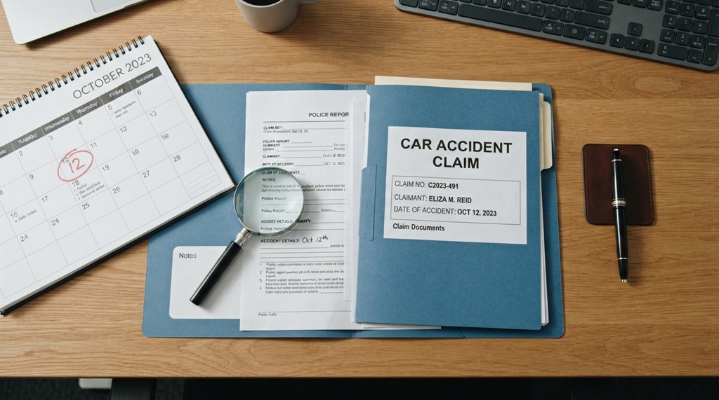 A car accident claim folder lying next to a calendar and pen on a desk.