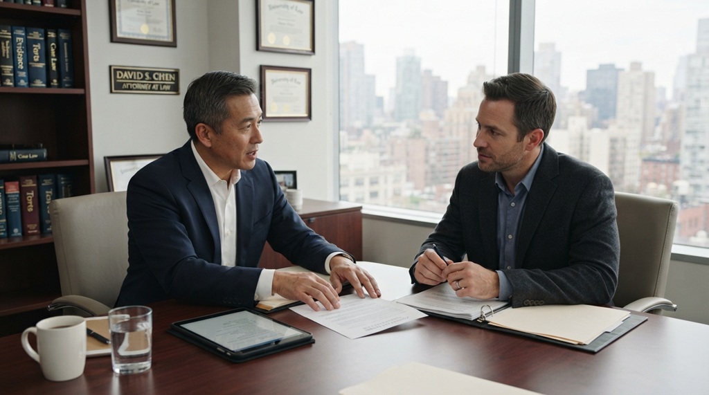 A male client sitting at a table discussing legal papers with a lawyer.