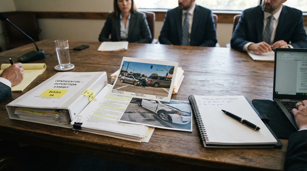 Printed car crash evidence photos and legal case files resting on a table.