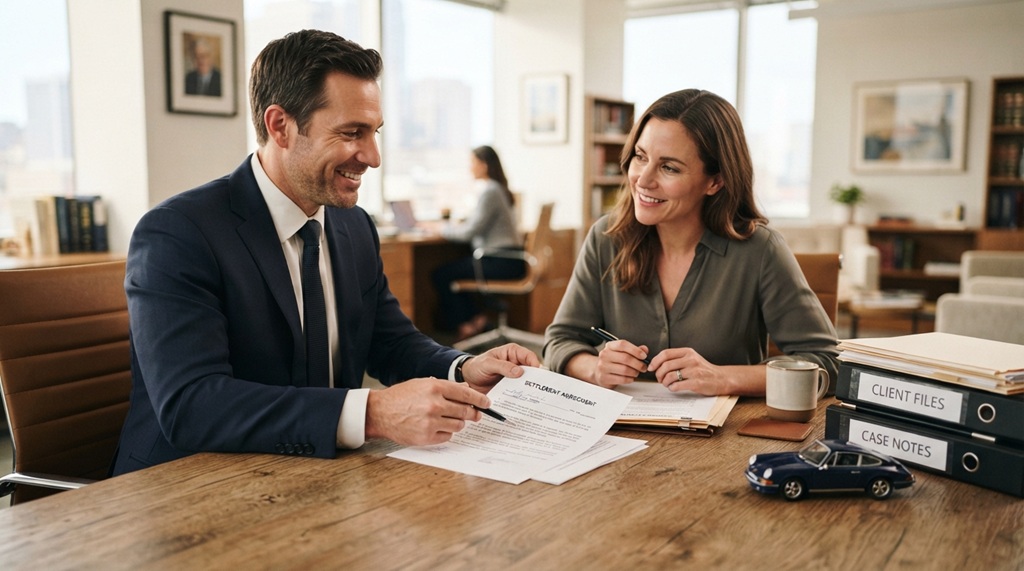 A male attorney reviewing a settlement agreement with a client in an office.