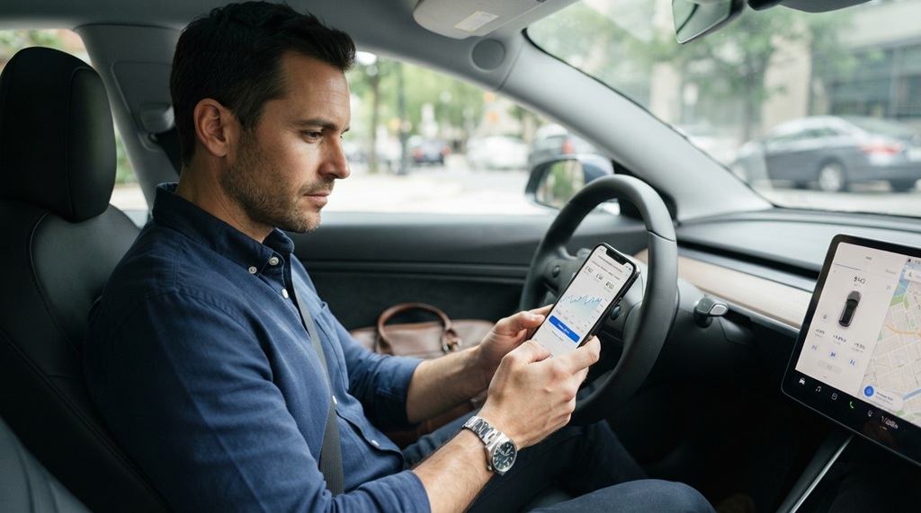 Male vehicle owner reviewing rising auto insurance rate on smartphone inside car.