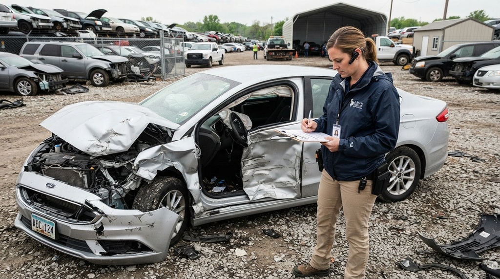 Insurance adjuster inspects damaged car to calculate total loss payout value.