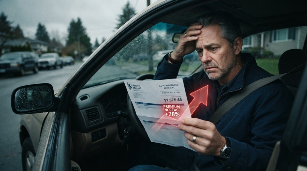 Stressed male driver sitting in car holding an expensive auto insurance rate renewal bill.