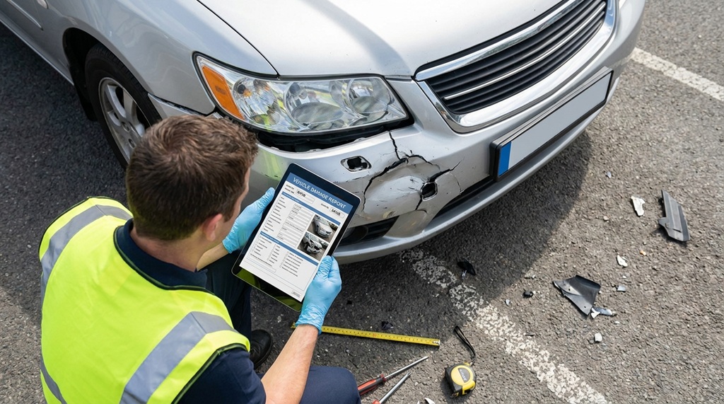 Car insurance adjuster inspecting damaged front bumper with a tablet.