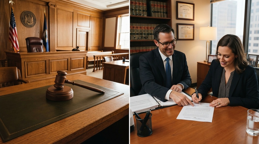 Gavel on desk next to lawyer signing settlement papers with client.